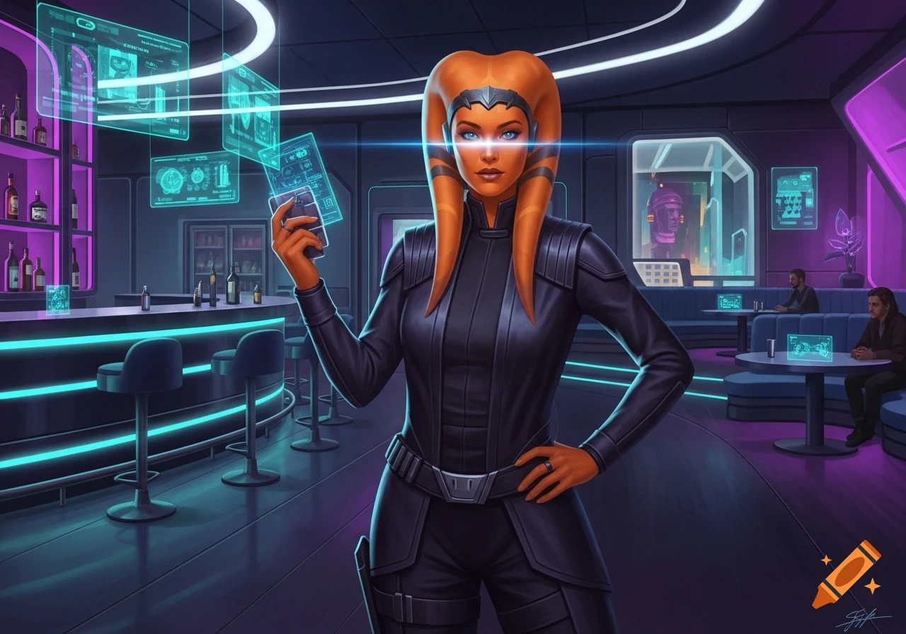 Orange-skinned Twi'lek woman in a dark suit holds a glowing holographic device in a futuristic bar with neon lights.