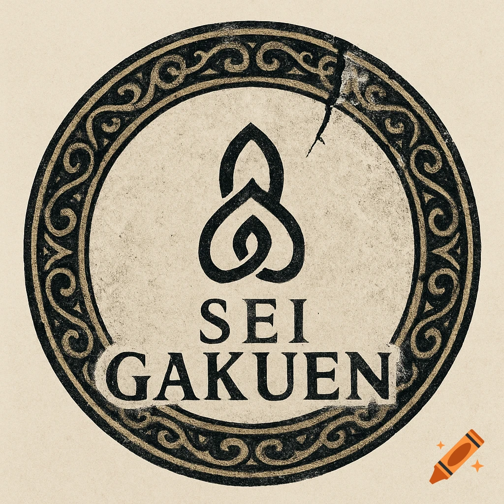 A circular emblem with a black and muted gold ornate border, a central knot-like symbol, and the text 'SEI GAKUEN' in a worn, vintage style. A deliberate crack is on the top right edge.