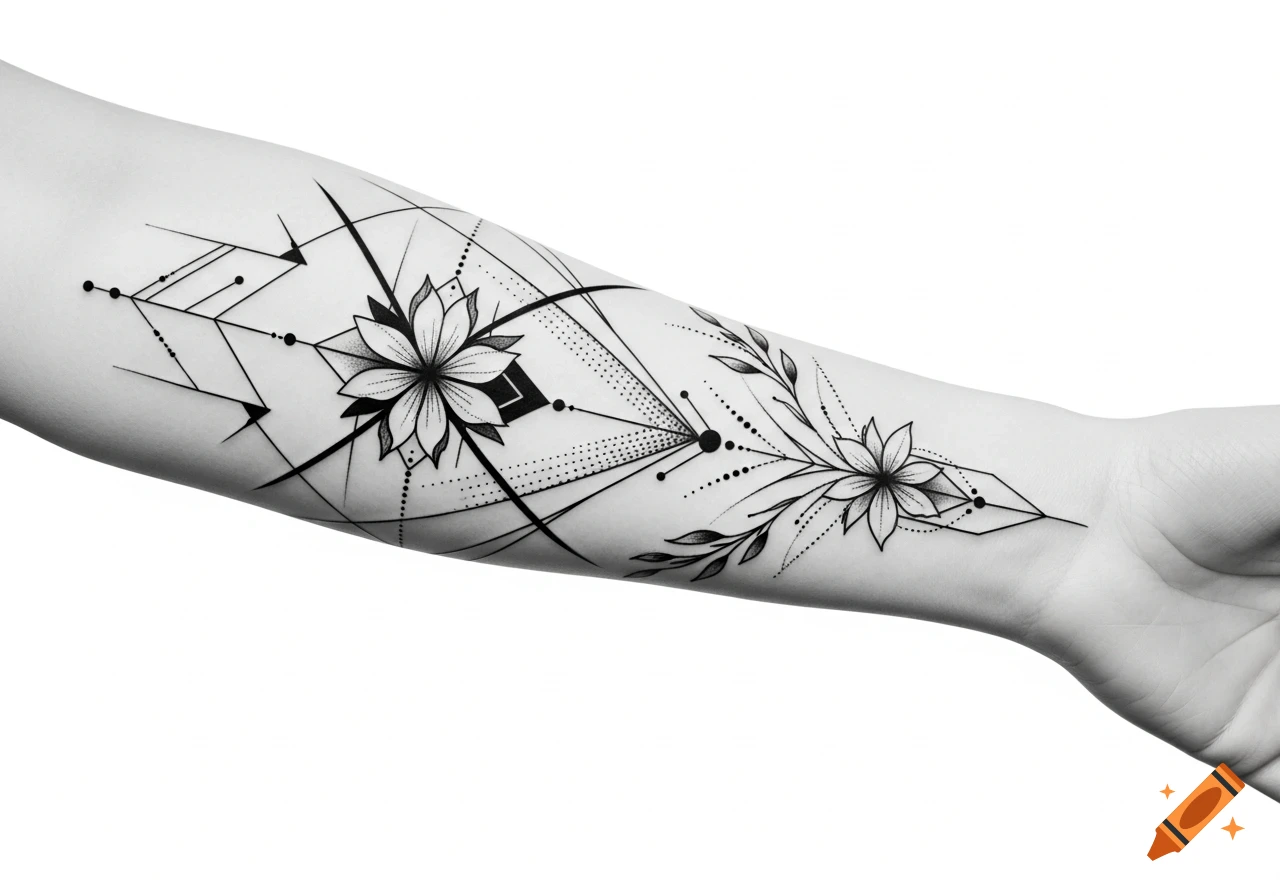 Black and white geometric and floral tattoo design on a forearm.