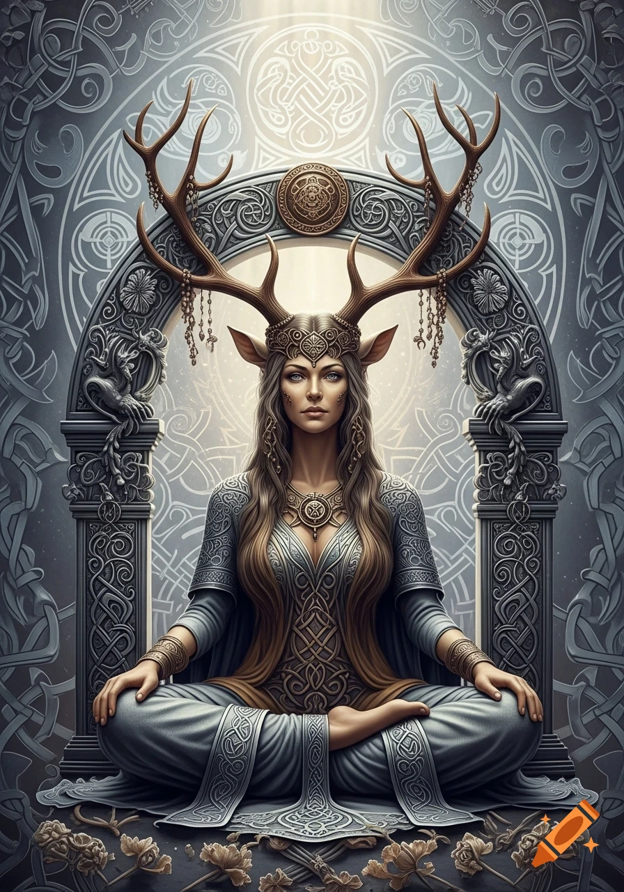A woman with deer antlers and ears sits cross-legged in ornate Celtic attire against a background of intricate knotwork.