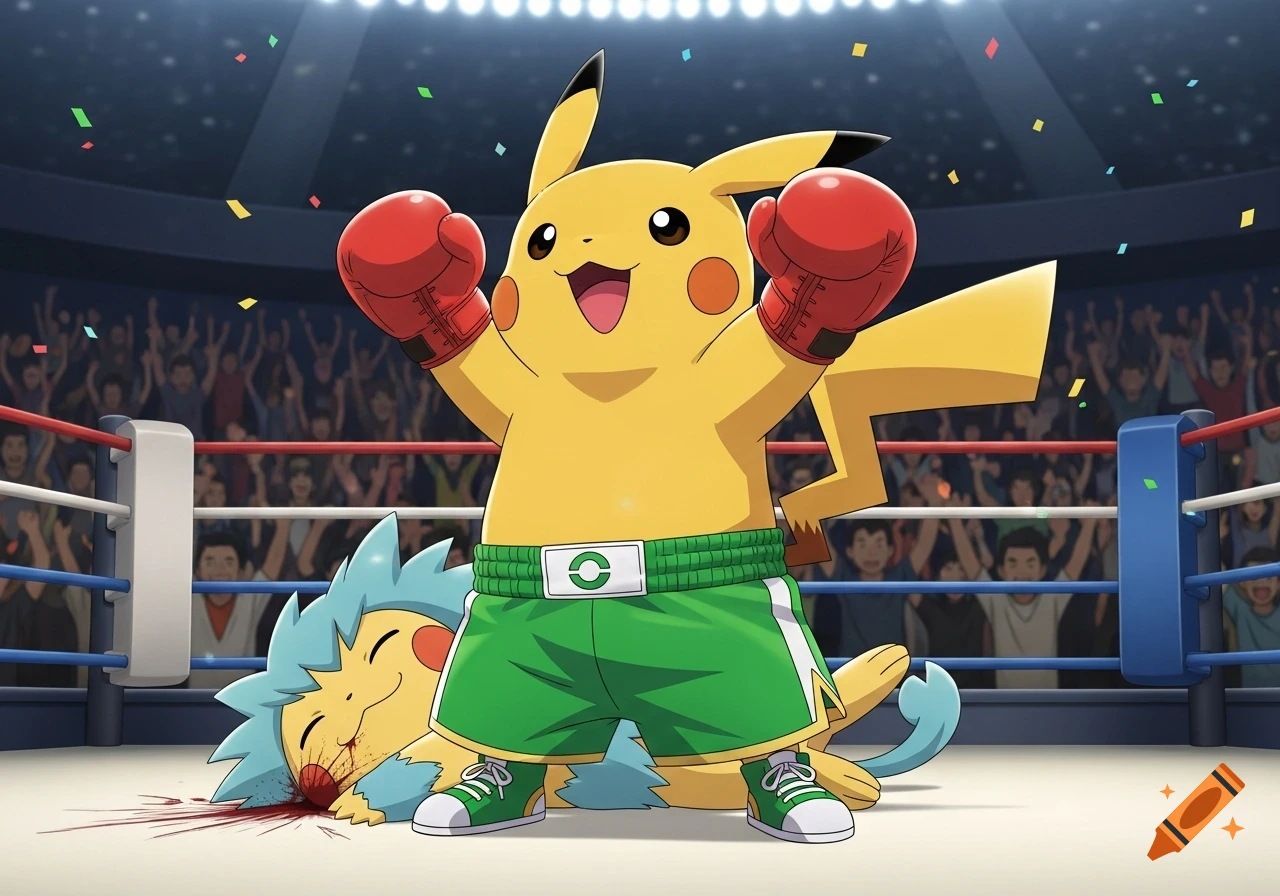 Pikachu, wearing red boxing gloves and green shorts, celebrates a victory over a defeated opponent in a boxing ring with confetti.