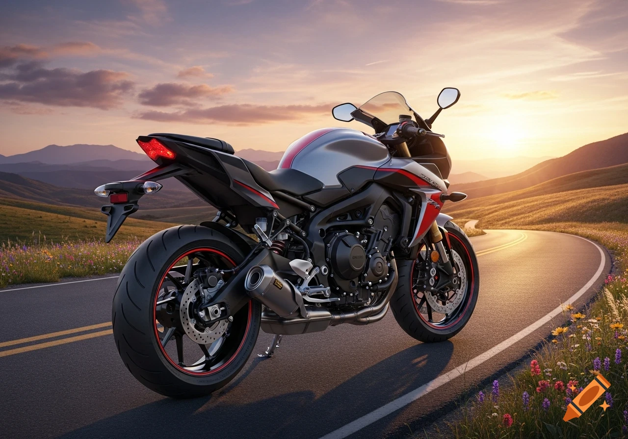 A silver and black motorcycle with red accents parked on a winding road at sunset, with rolling hills and mountains in the background.