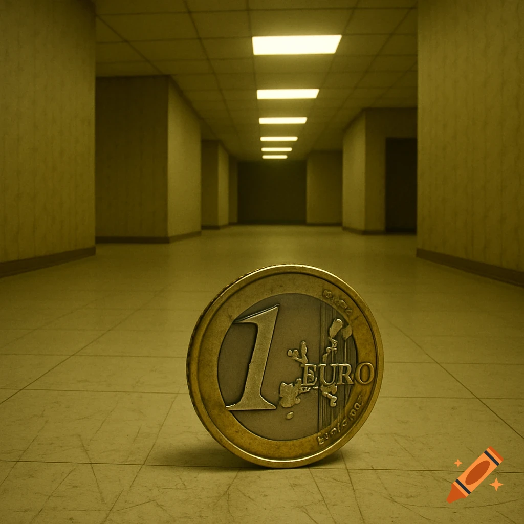 A 1 Euro coin stands on a tiled floor in a long, dimly lit, yellowish corridor with fluorescent lights.