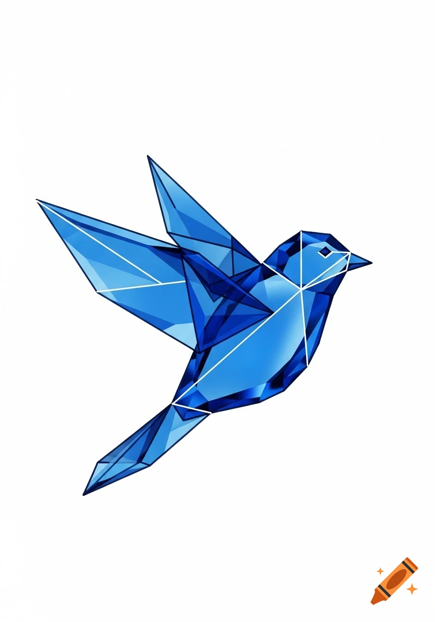 A blue geometric bird, made of faceted glass, flying on a white background.