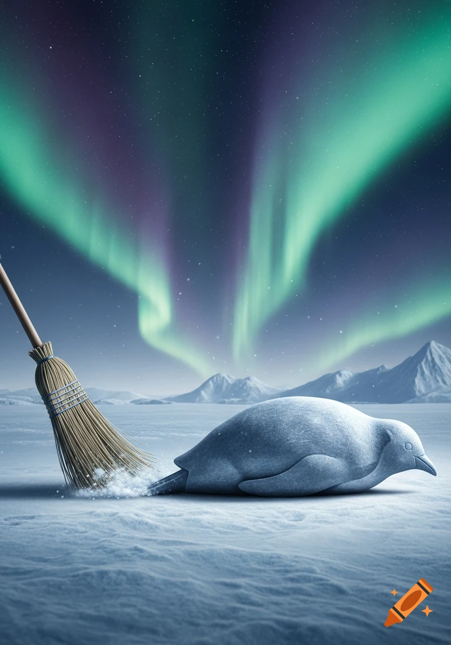 A broom sweeps a penguin-shaped snow sculpture across an arctic landscape under a vibrant aurora borealis.