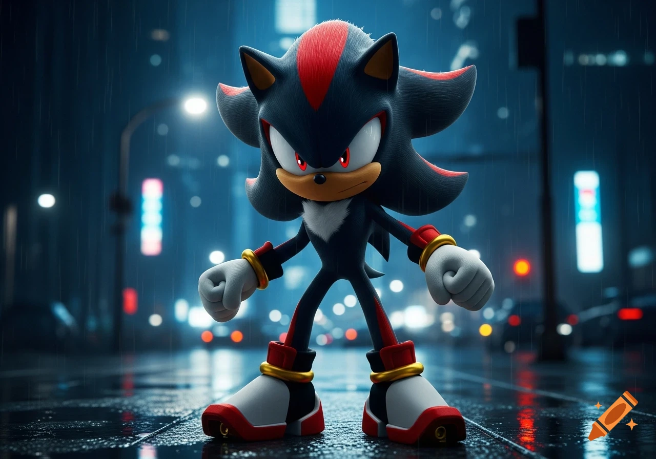 Shadow the Hedgehog stands on a wet street in a rainy, photorealistic night city with blurry lights.
