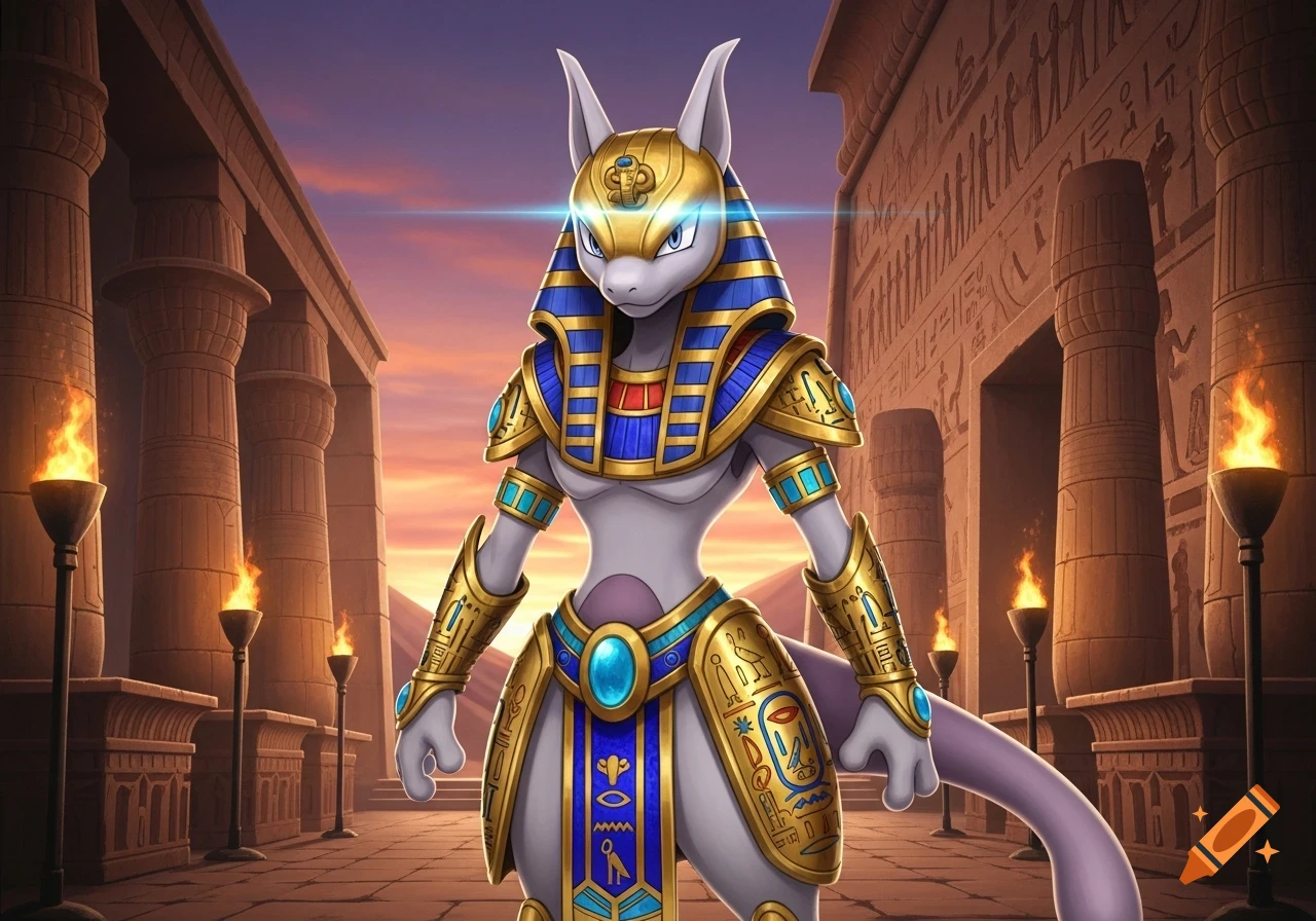 Mewtwo in ornate gold and blue Egyptian pharaoh armor stands in an ancient temple at sunset, eyes glowing.