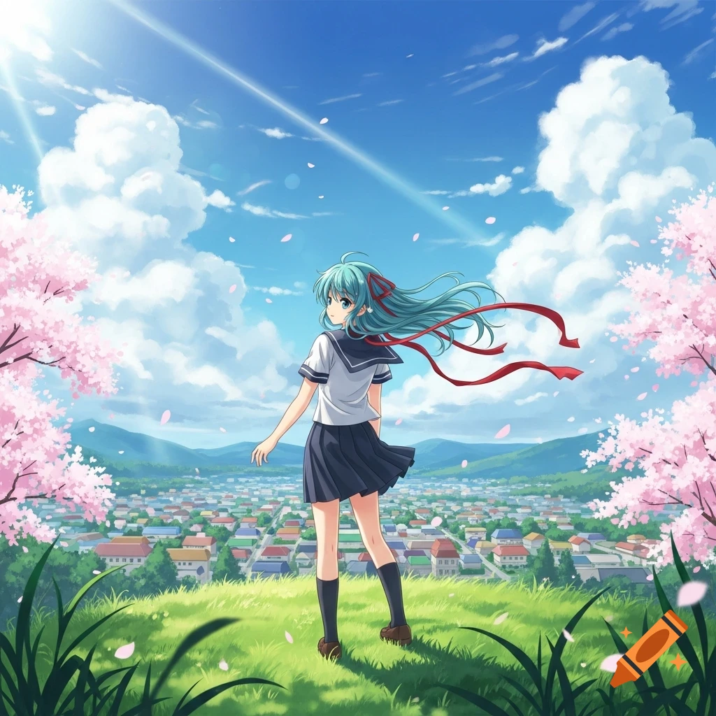 An anime girl with blue hair and a school uniform stands on a grassy hill, overlooking a town under a sunny, cloudy sky with cherry blossoms.