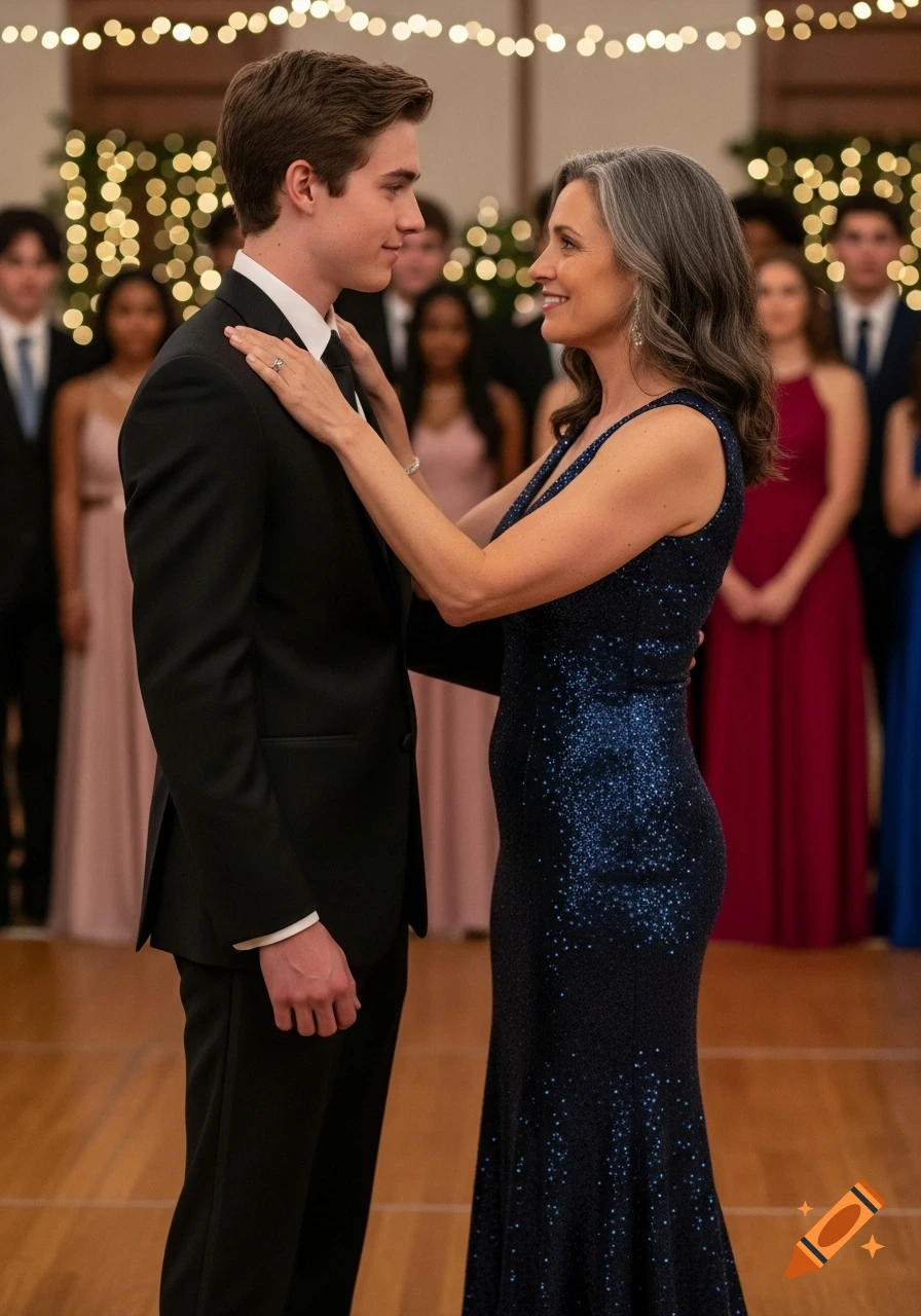 A young man in a tuxedo and an older woman in a sparkling blue gown look at each other at a formal event, with string lights in the background.