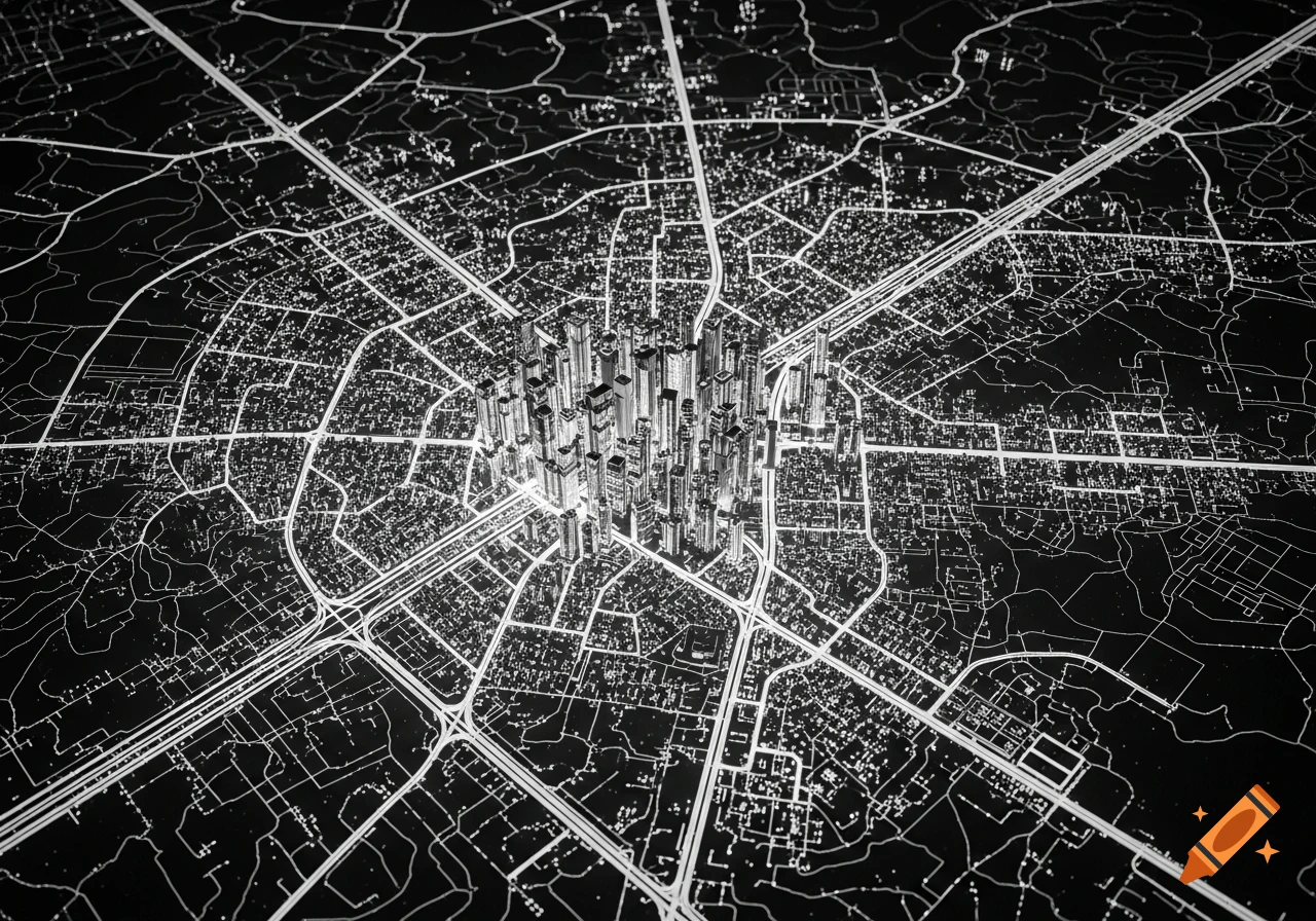 Black and white stylized city map with a central cluster of skyscrapers, resembling a circuit board.