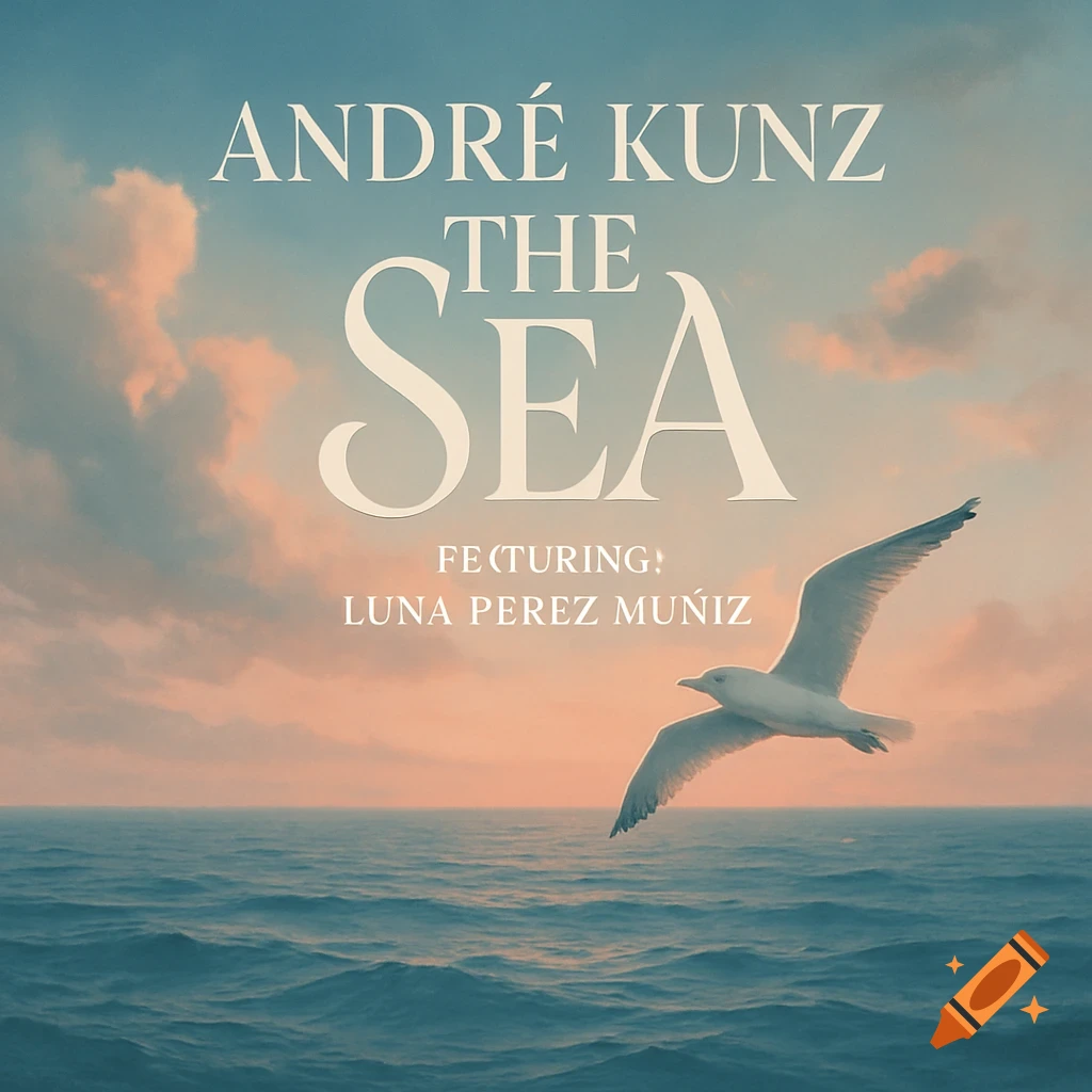Album cover with a white seagull flying over a blue sea under a pastel sunset sky. Text reads 'ANDRÉ KUNZ THE SEA'.