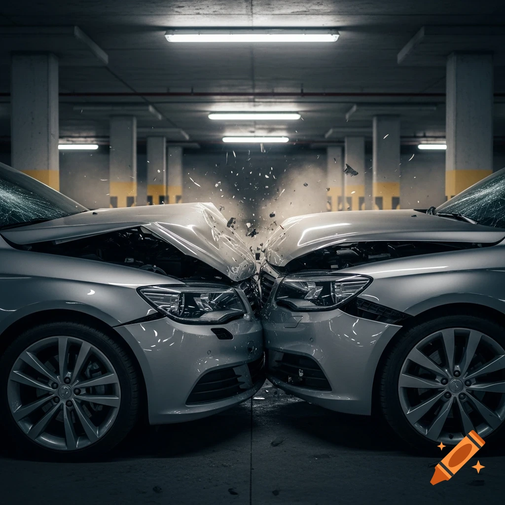 Photorealistic image of two silver cars colliding head-on in an indoor parking garage, with debris flying.