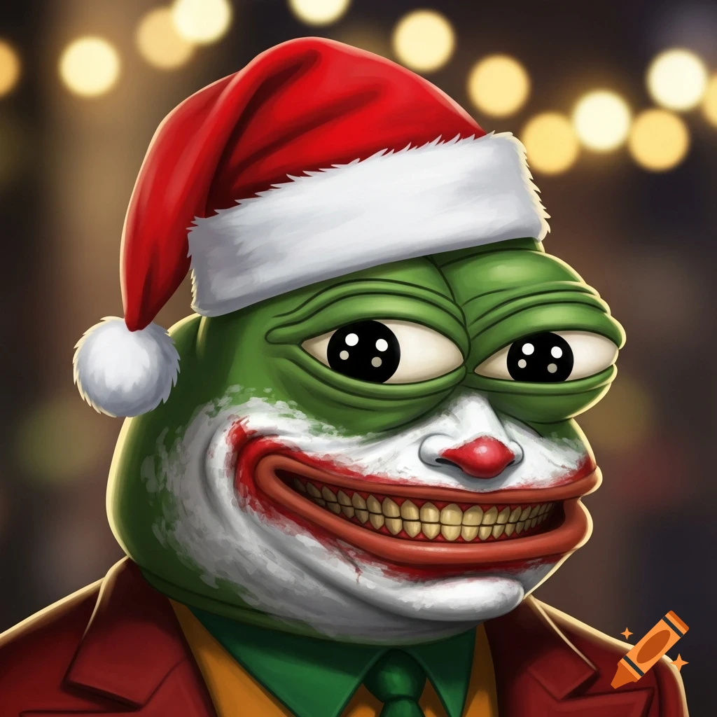 A stylized green frog character with large black eyes, wearing white and red Joker-style makeup and a red Santa hat, against a blurred background of warm festive lights.
