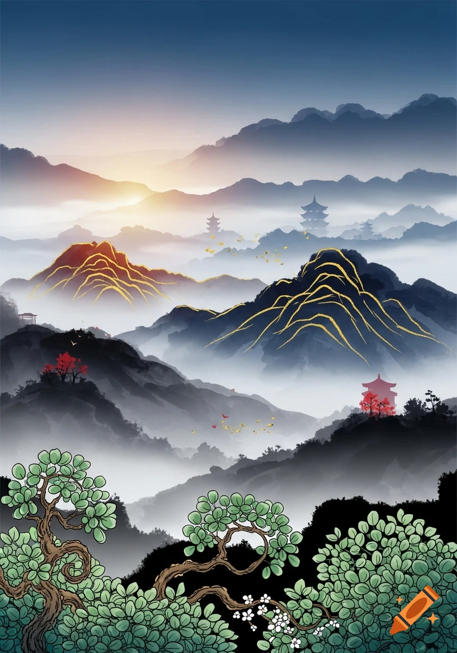 Stylized Chinese ink wash landscape with misty mountains, distant pagodas, golden accents, and foreground green foliage with white flowers at sunrise.
