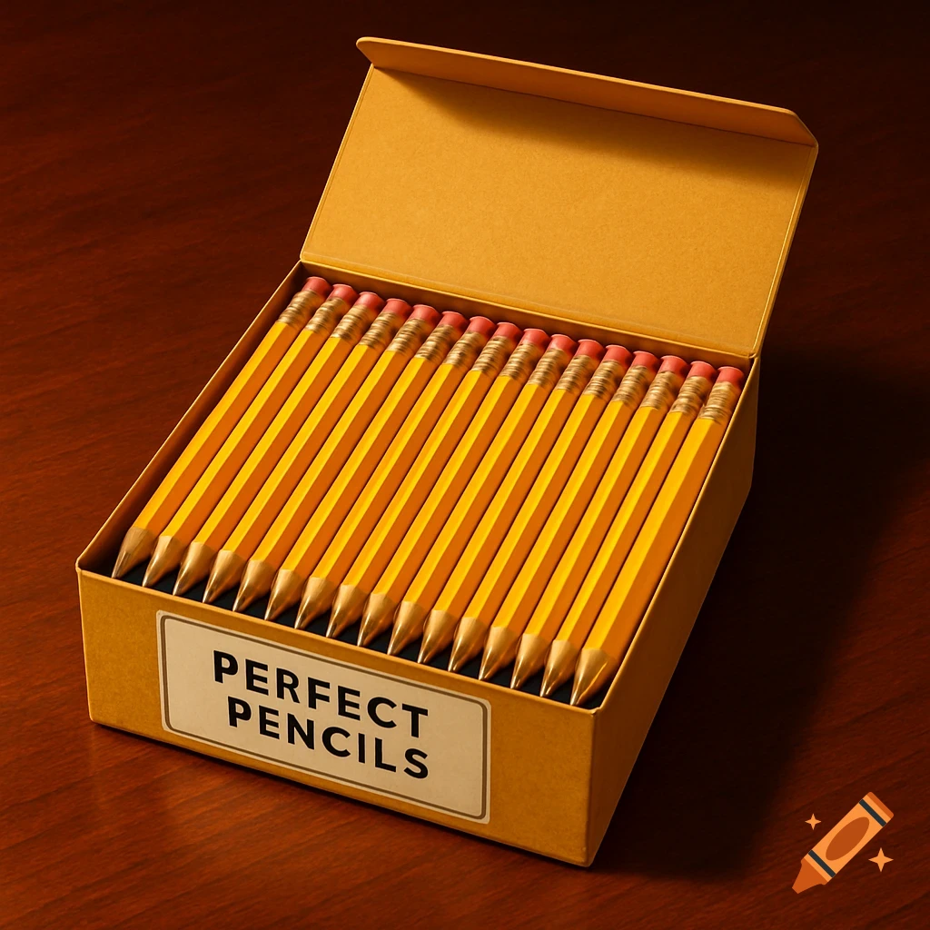 An open cardboard box filled with perfectly sharpened yellow pencils, labeled "PERFECT PENCILS", sits on a dark wooden surface.