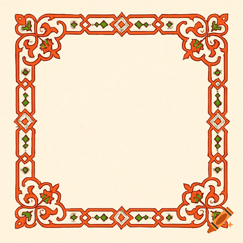 Square paper with a decorative Persian-inspired border in warm orange, red, and green with geometric and floral motifs on a cream background.