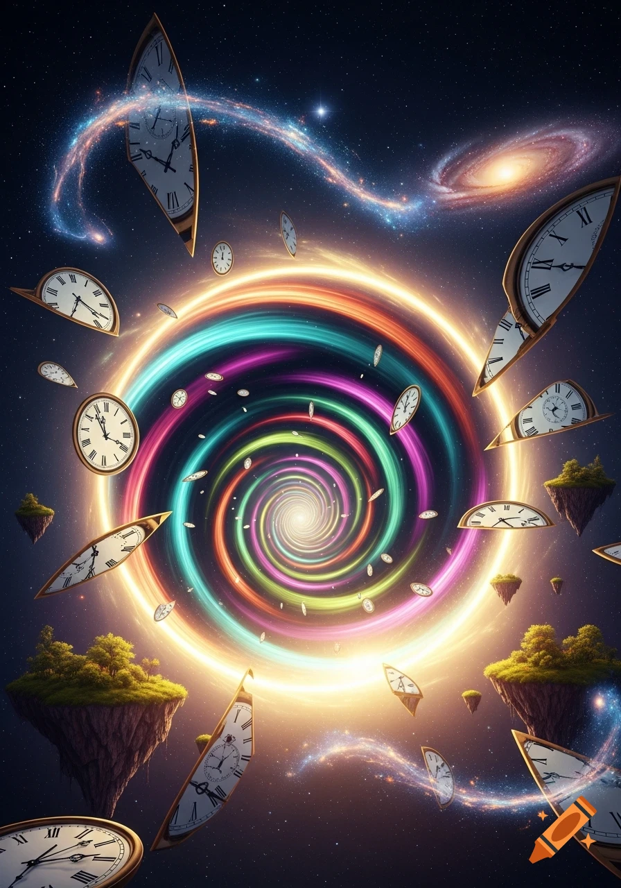 Fantastical image of warped clocks, floating islands, and galaxies swirling around a vibrant, colorful time vortex in deep space.