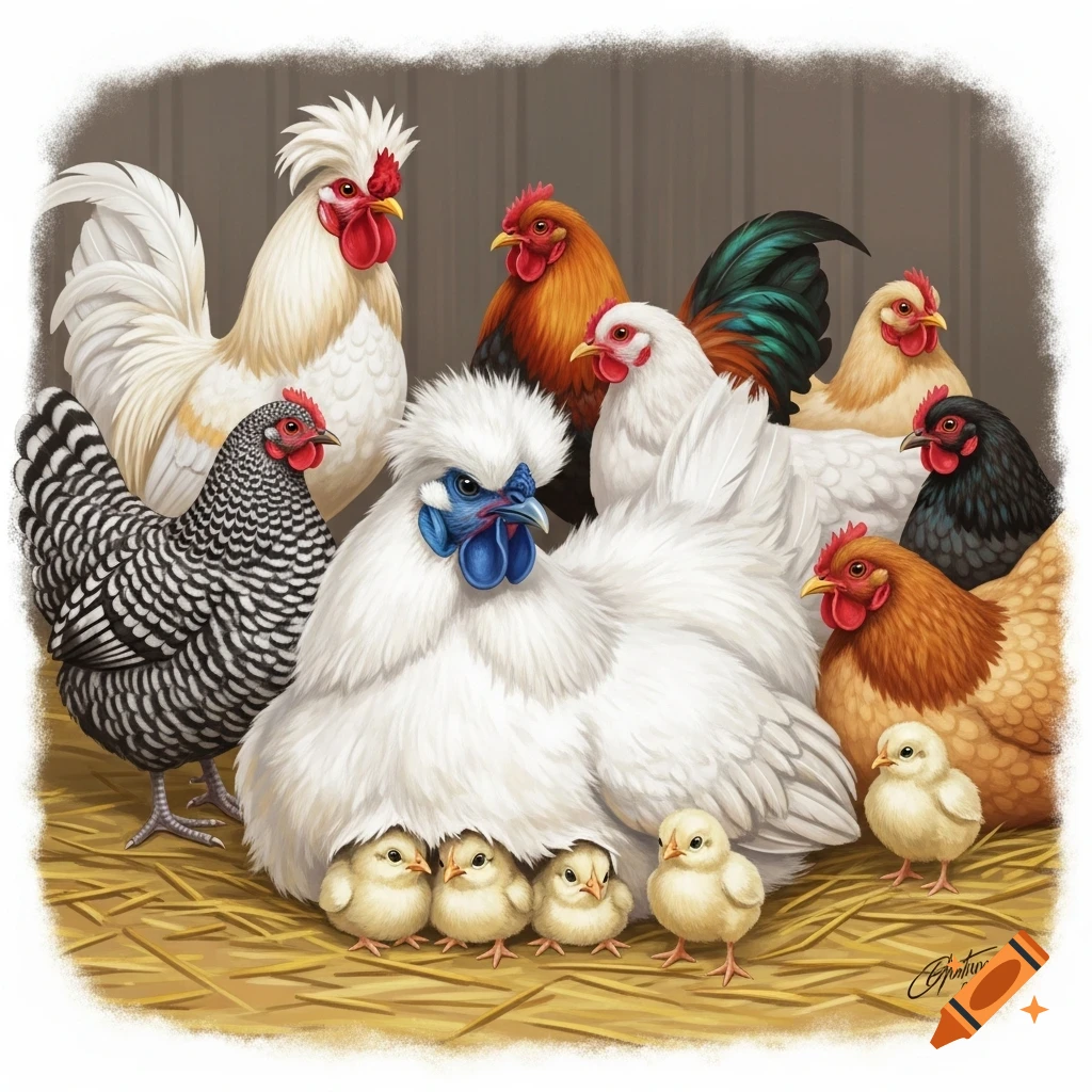 A fluffy white Silkie hen with blue wattles sits on hay with chicks peeking from under her, surrounded by various other chickens and roosters. Detailed illustration.