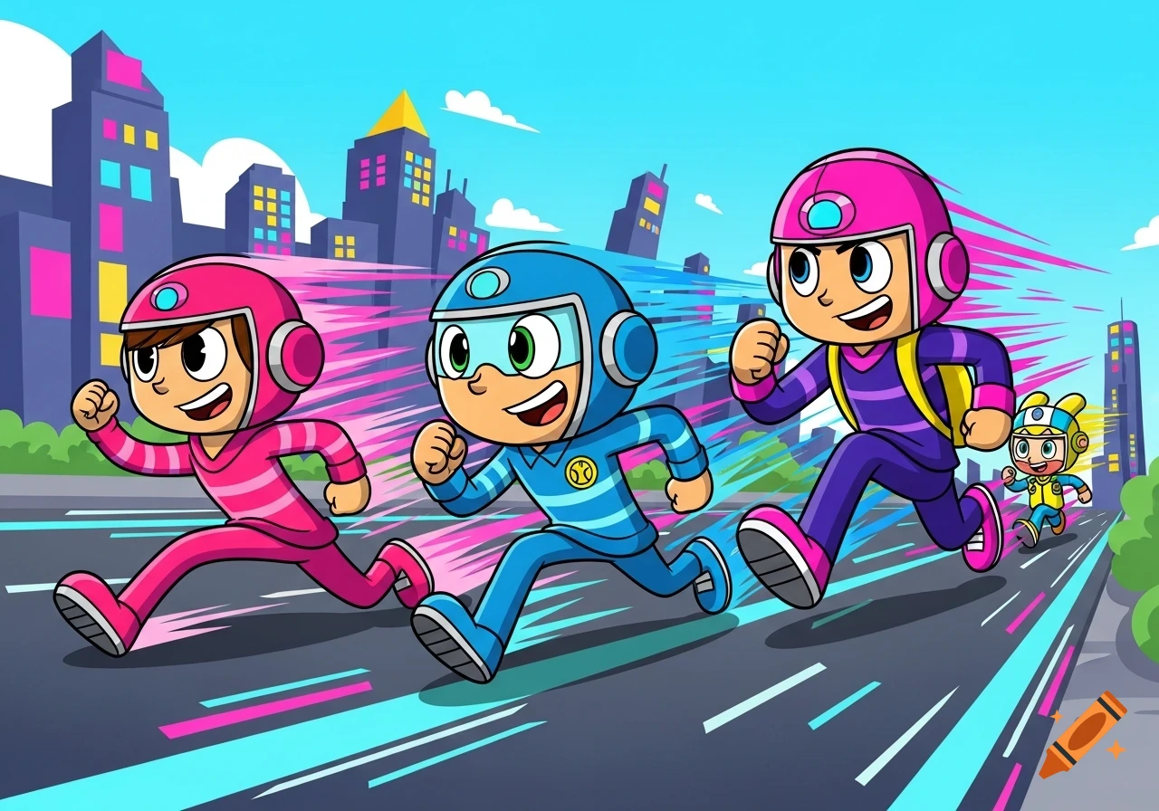 Three cartoon children dressed as superheroes run fast through a vibrant city street with speed lines.