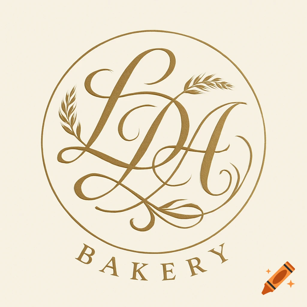 A luxurious golden logo for a bakery featuring a monogram of the letters LDA with wheat stalks, within a circular frame, on a light background.