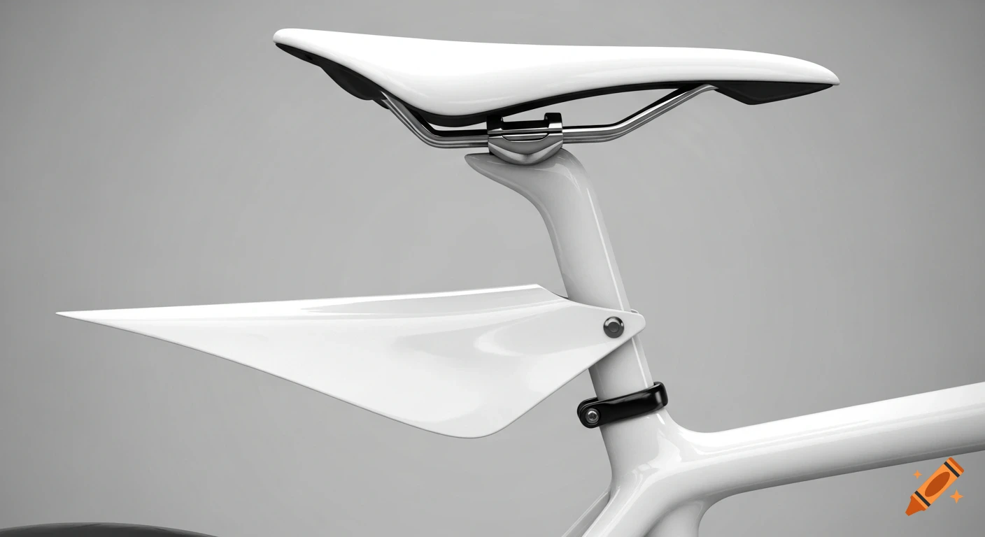 A close-up, photorealistic view of a white, sleek bicycle saddle and a pointed rear fender attached beneath it.
