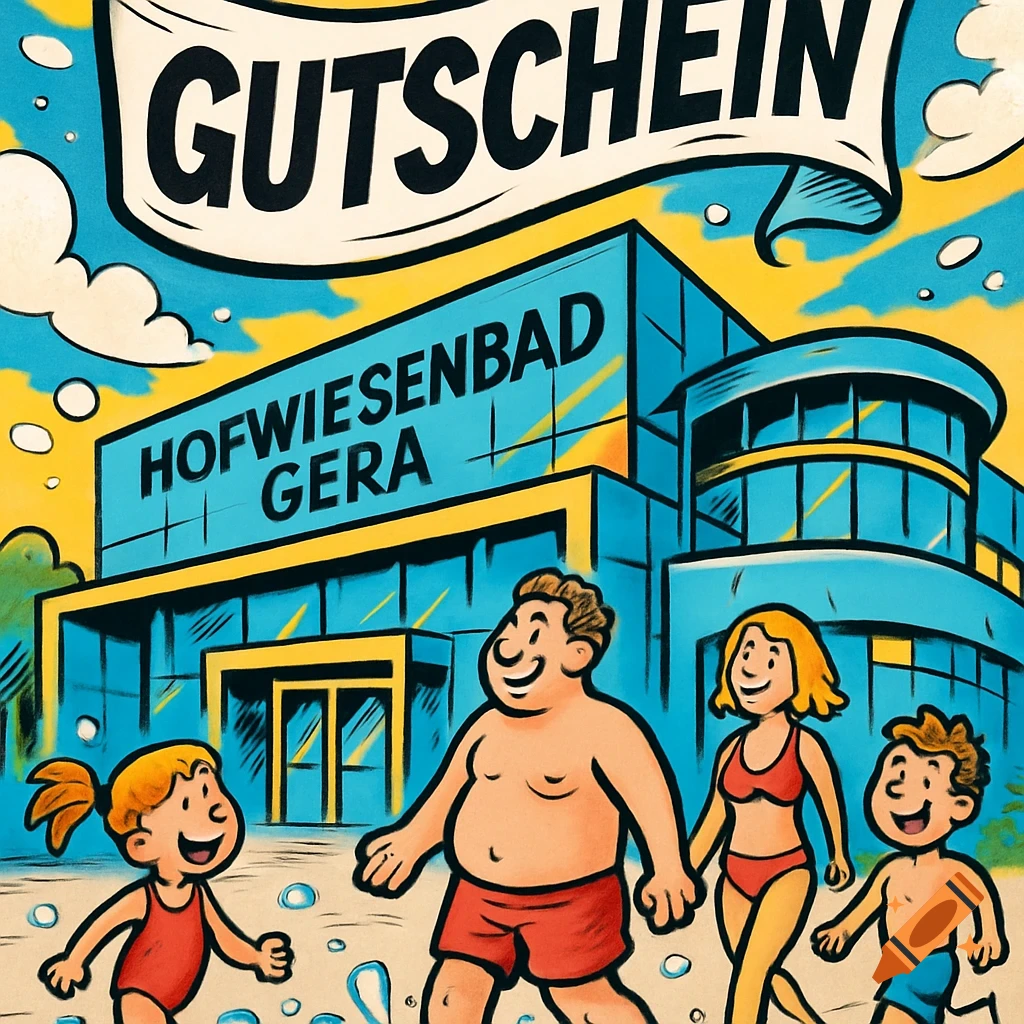 Comic illustration of a family in swimwear in front of Hofwiesenbad Gera with a 'GUTSCHEIN' banner.