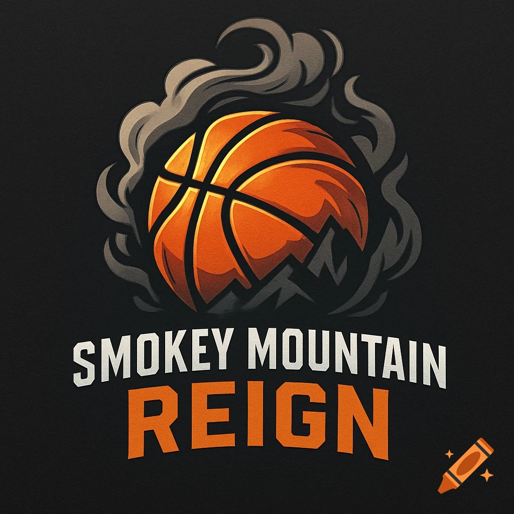 Basketball logo with an orange basketball, smoky clouds, mountain peaks, and the text 'Smokey Mountain Reign' on a black background.