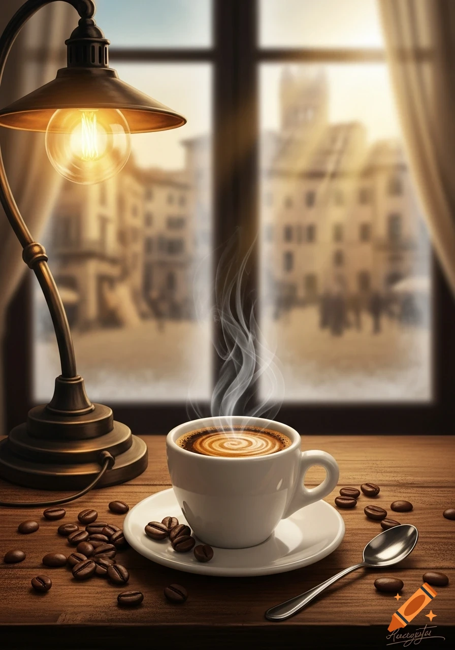 A steaming cup of coffee with latte art on a wooden table, scattered coffee beans, and an illuminated lamp by a window overlooking a blurry city.