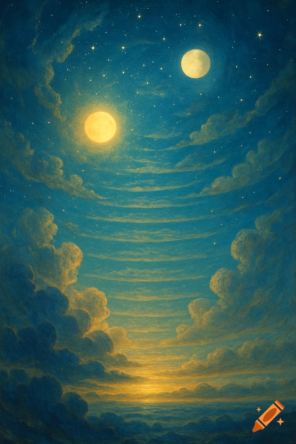 A painterly night sky with two glowing moons, numerous stars, and layered, swirling clouds in blue and gold hues.