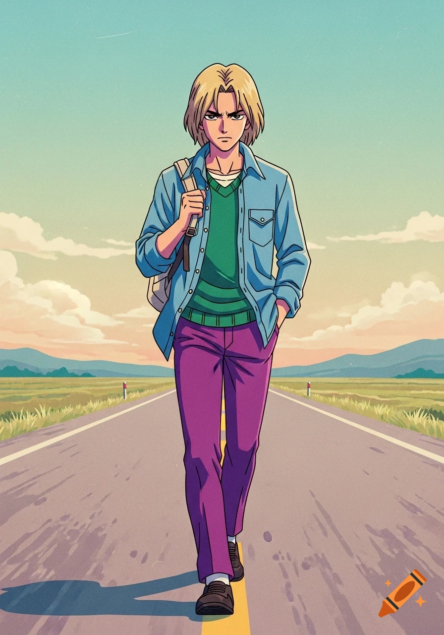A male anime character with long blonde hair, wearing a blue shirt, green sweater, and purple pants, walks down an empty road with fields and mountains in the background, retro anime style.