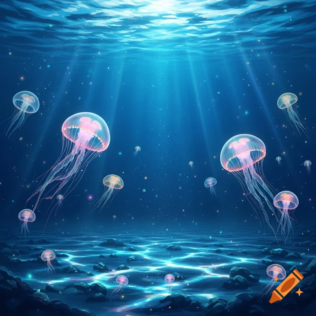 Glowing pink jellyfish swim in a vibrant blue ocean with light rays shining from the surface onto a rocky seabed.