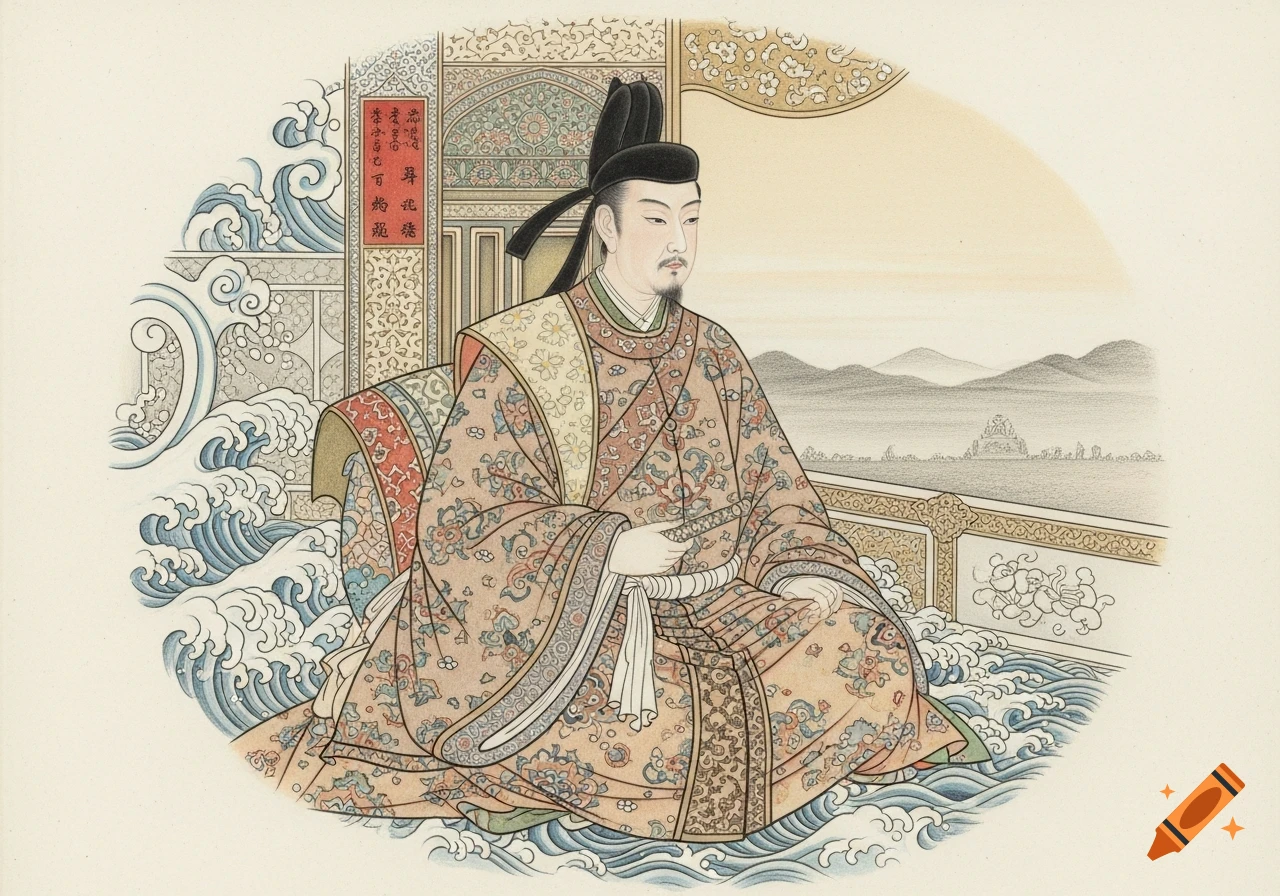 A stylized portrait of an East Asian man in intricate traditional robes and a black hat, sitting on decorative waves with mountains in the distance.