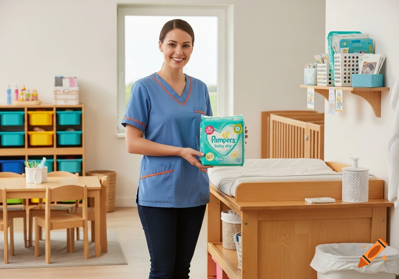 A smiling woman in blue scrubs holds Pampers Baby Dry diapers in a bright, photorealistic nursery.