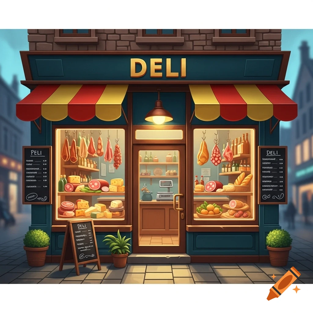 A cartoon illustration of a deli shop with a 'DELI' sign, displaying various meats, cheeses, and baked goods.