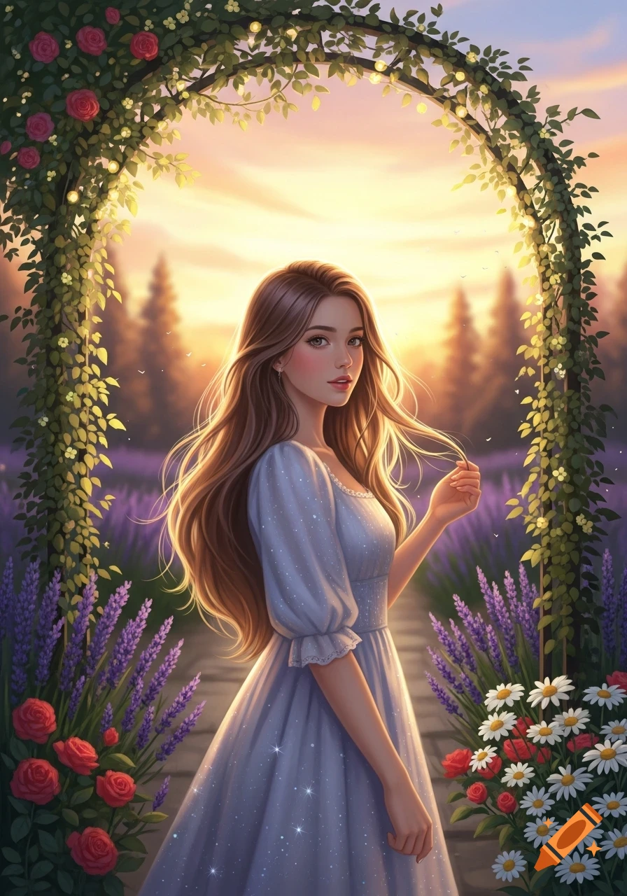 An illustrated beautiful young woman in a blue dress stands under a ...