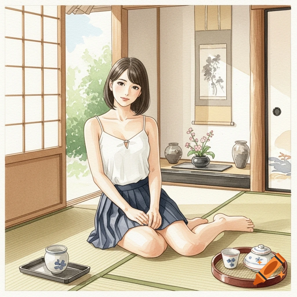Anime woman with short hair in a white camisole and blue skirt sits on tatami mats in a traditional Japanese room with tea.