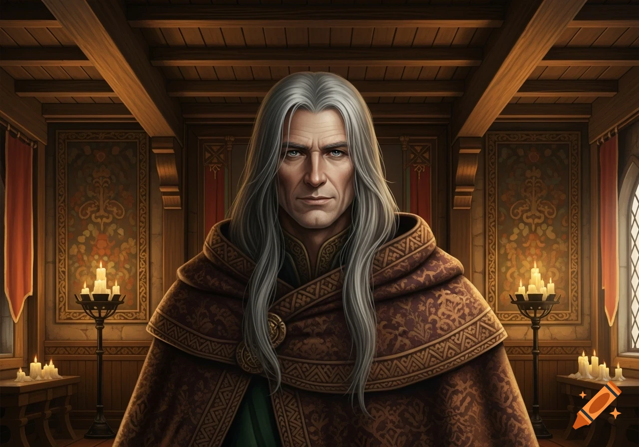 A stern-faced man with long grey hair and an ornate brown robe stands ...