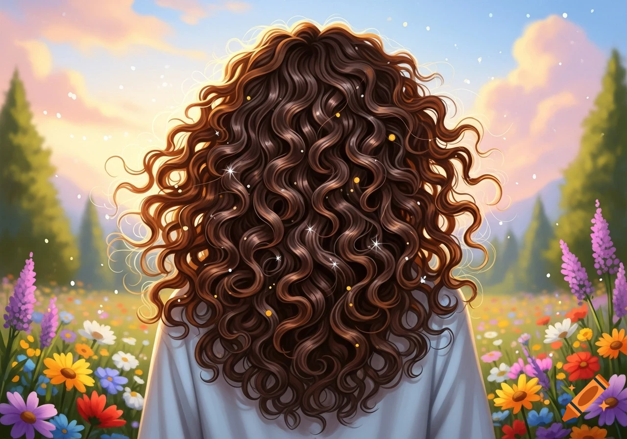 Stylized digital art of a person with long, sparkling brown curly hair from behind, in a vibrant wildflower field at sunset.