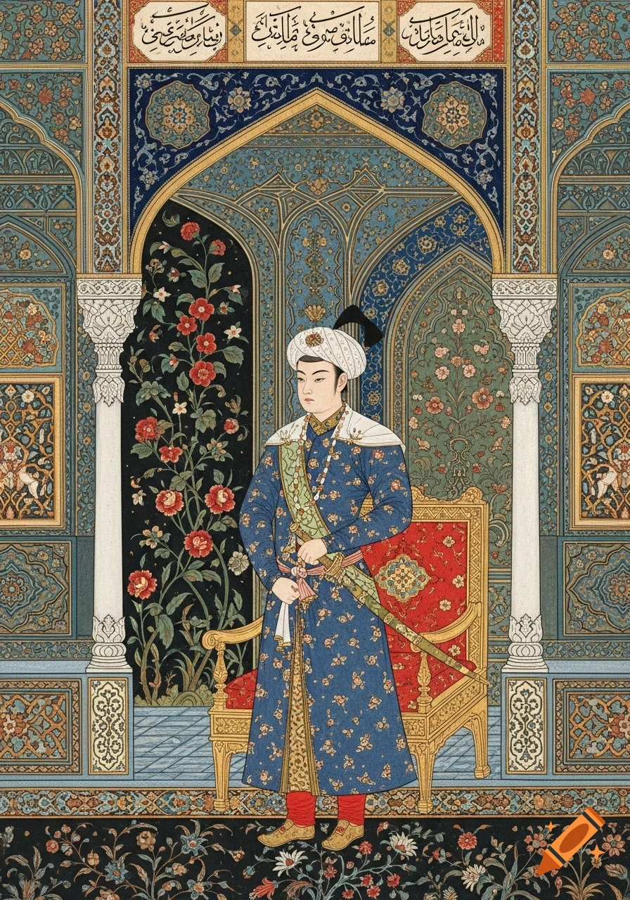 A man in a blue, ornate robe and white turban stands before an archway in a Persian miniature painting.