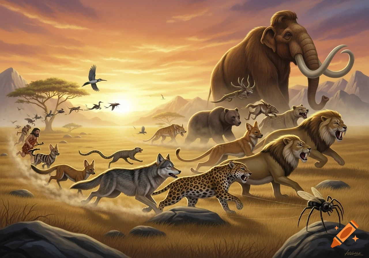 A long line of animals and a caveman running across a golden savanna at ...