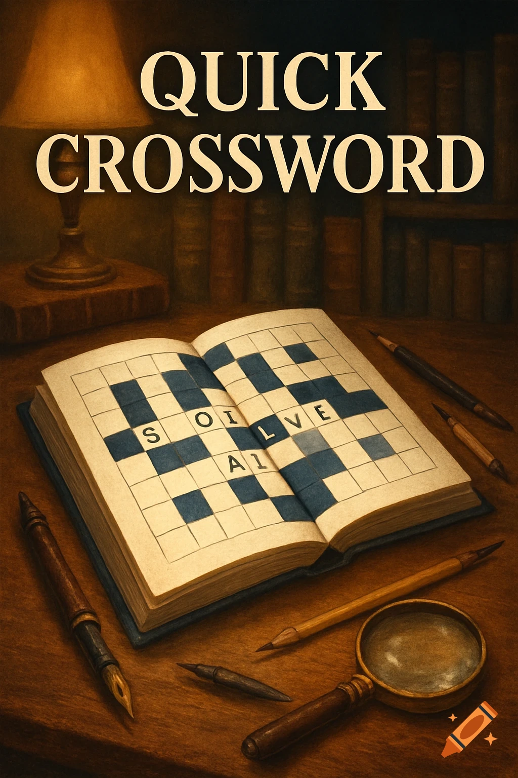 An open crossword puzzle book on a wooden desk with pens, pencils, and a magnifying glass under a lamp, with bookshelves in the background.