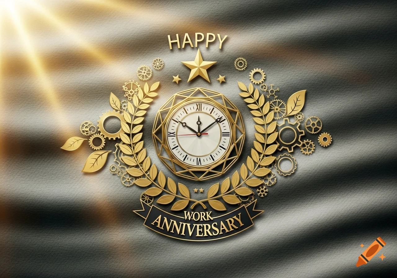 Golden emblem with a clock, gears, laurels, and stars on a textured grey background. Text reads 'HAPPY WORK ANNIVERSARY'.
