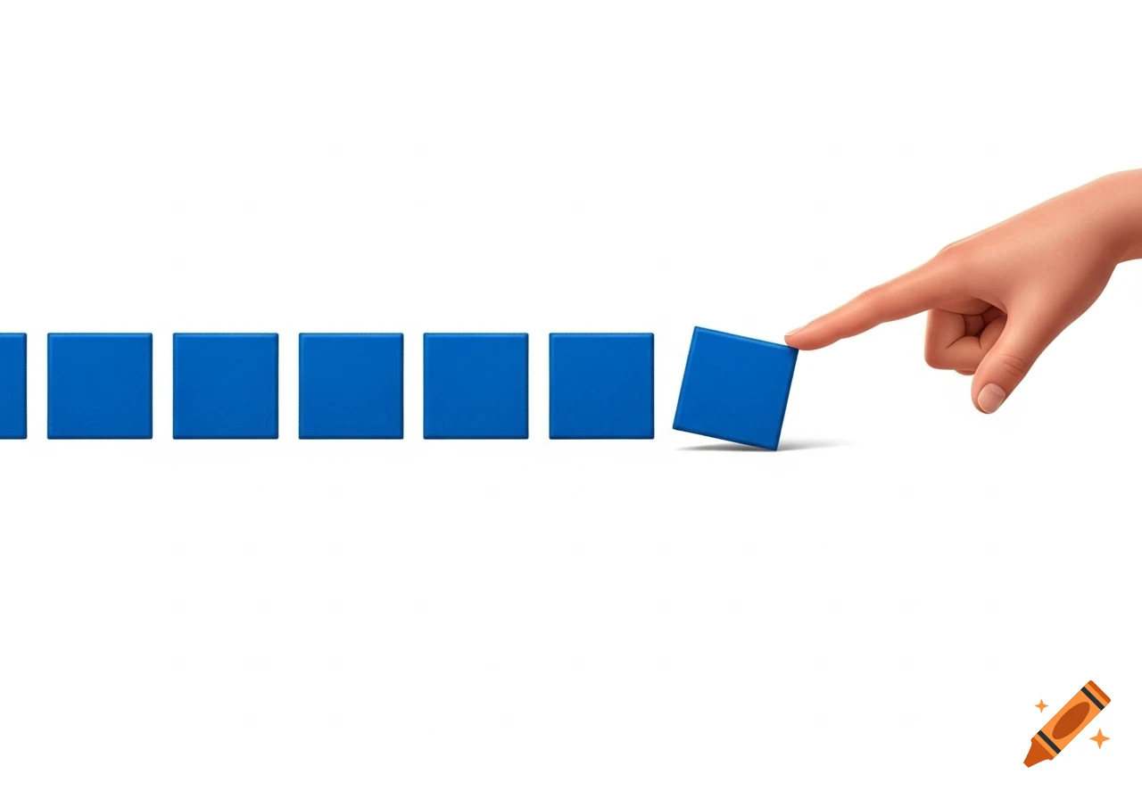A stylized hand pushes one of several blue square blocks out of alignment on a white background.