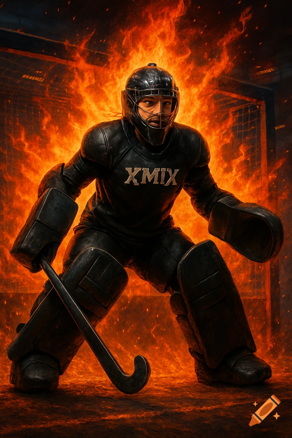A field hockey goalie in black gear and helmet, holding a stick, with intense flames rising behind a goal net.
