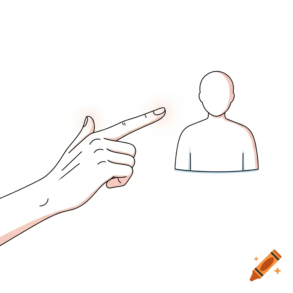 Minimalist illustration of a hand pointing its glowing index finger at a faceless human silhouette on a white background.