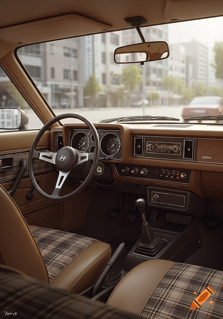Photorealistic interior of a vintage 1970s Hyundai car from driver's view, featuring plaid seats, dashboard, and steering wheel.