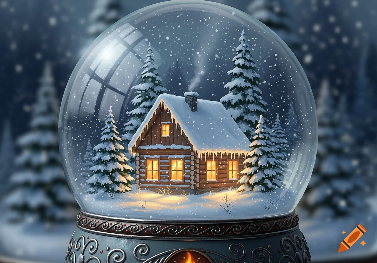 A snowy log cabin nestled among pine trees within a classic snow globe, illuminated by glowing windows, with snow falling.