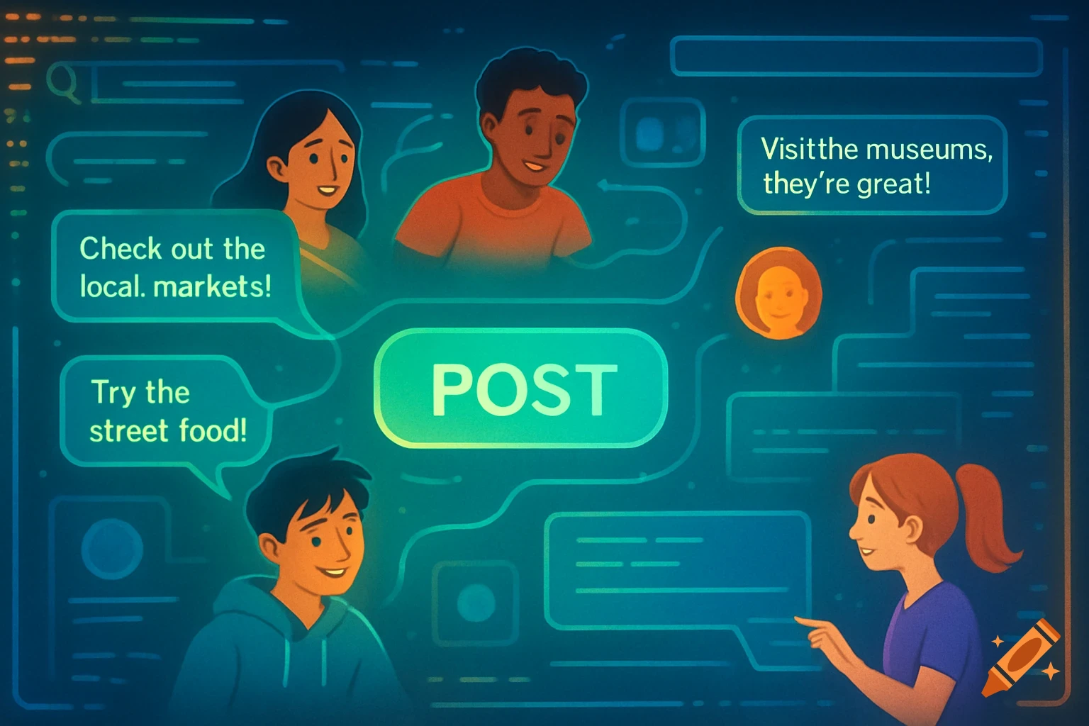 A vibrant illustration showing various cartoon people interacting on a social media-like interface with chat bubbles giving travel tips and a central "POST" button.