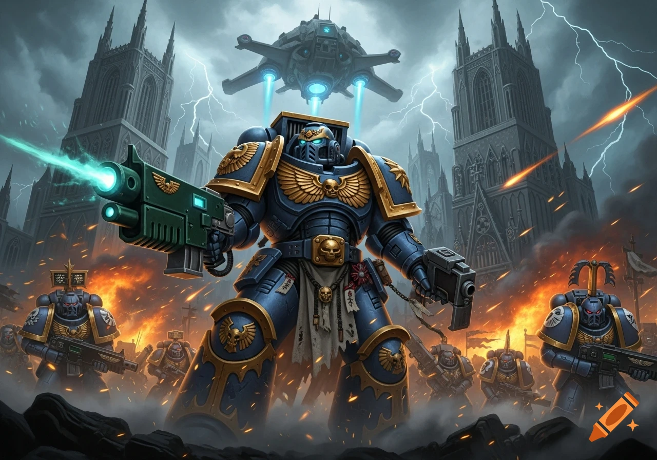 A heavily armored Warhammer 40k Space Marine leads troops into battle amidst gothic buildings, lightning, and a hovering gunship.