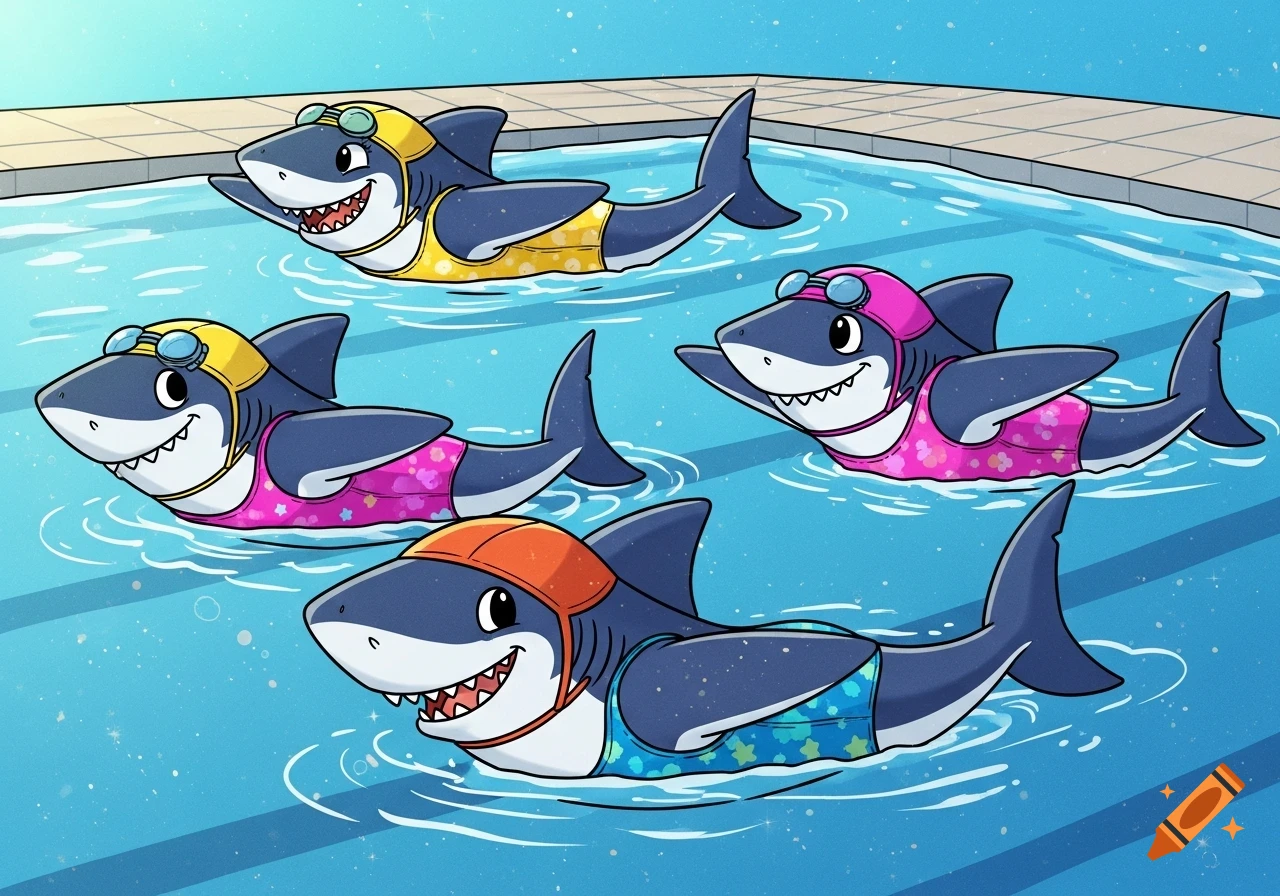 Four cheerful cartoon sharks in colorful swimsuits and caps swim in a pool, comic style illustration.